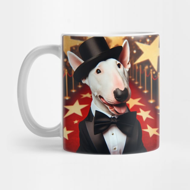 Happy bull terrier wearing tuxedo and hat in front of stars by nicecorgi